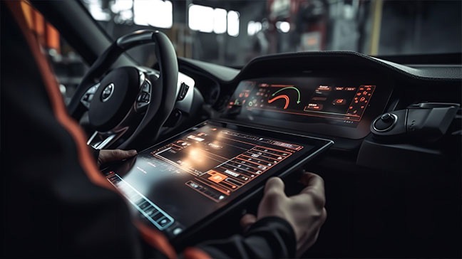 Fahrer nutzt ein digitales Display im Fahrzeug
