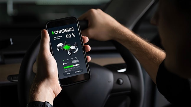 Person hält ein Smartphone mit einer Software-Testanwendung im Auto