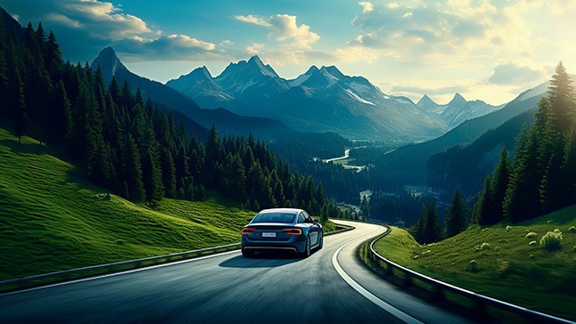 Auto fährt auf einer kurvenreichen Straße durch eine bergige Landschaft