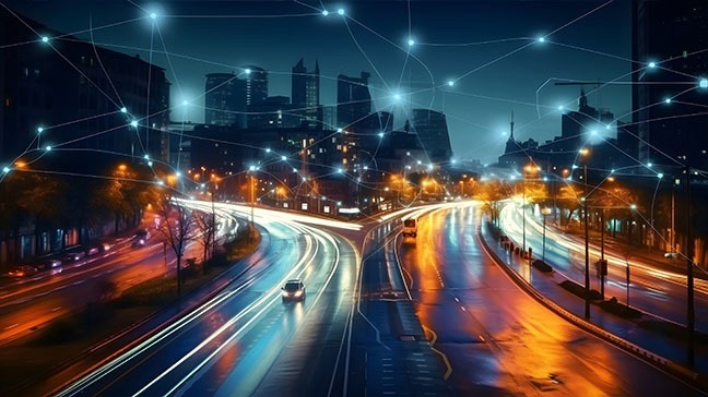 Fahrzeug fährt durch eine Stadt, verbunden mit einem digitalen Netzwerk