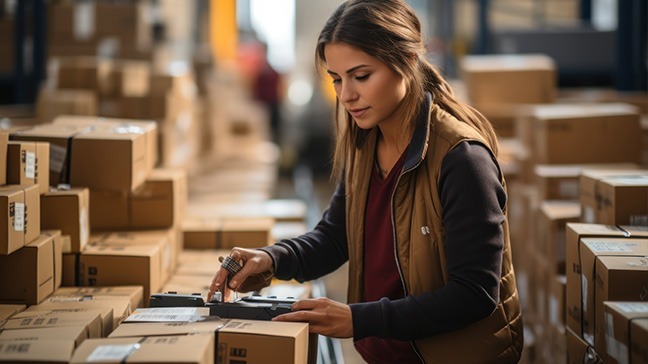 Frau arbeitet in einem Lager und verpackt Produkte in Kartons