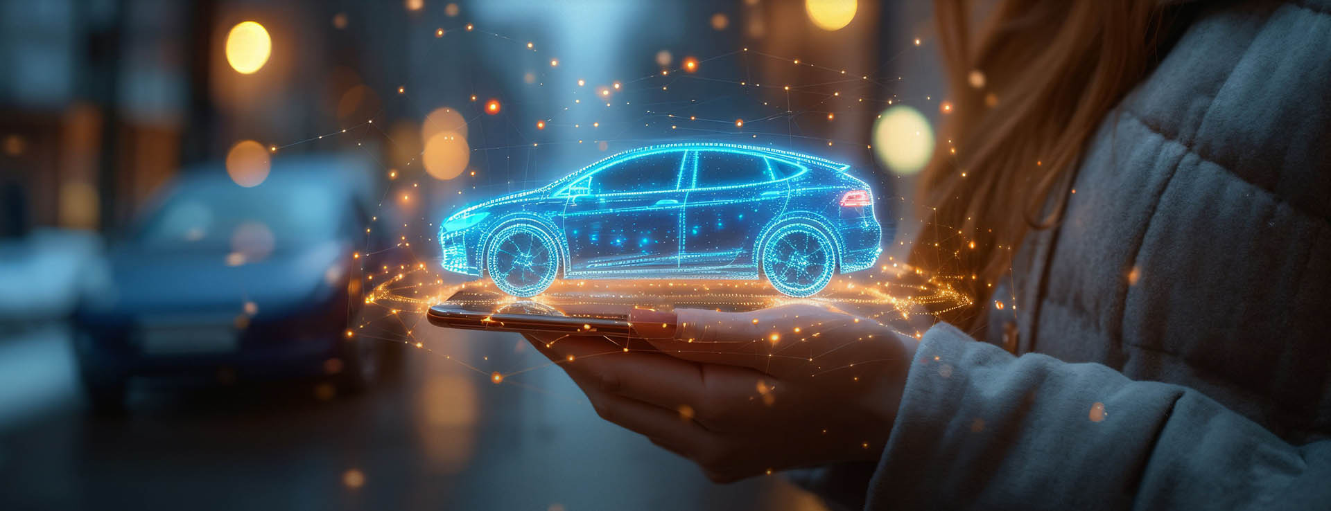 Holographisches Auto über den Händen einer Person