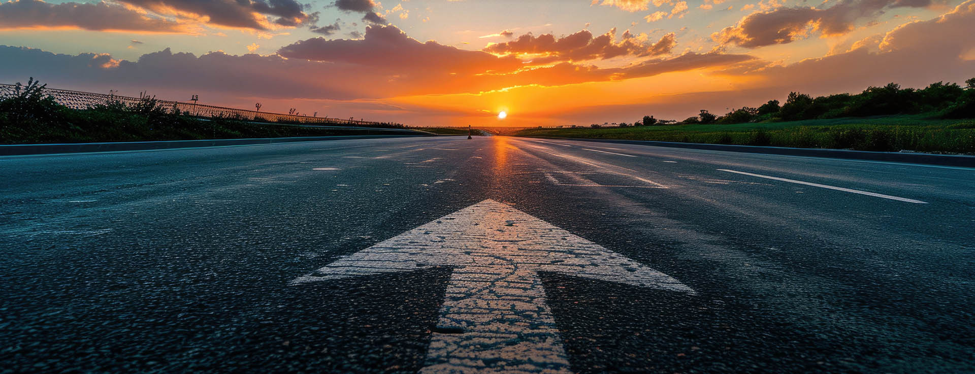 Straße in der Dämmerung mit Sonnenuntergang im Hintergrund