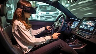 Eine Frau trägt eine VR-Brille und sitzt in einem Auto vor einem modernen Armaturenbrett.