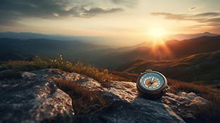 Kompass auf einem Felsen mit einem Sonnenuntergang im Hintergrund