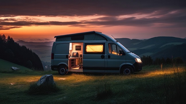 Wohnmobil bei Sonnenuntergang