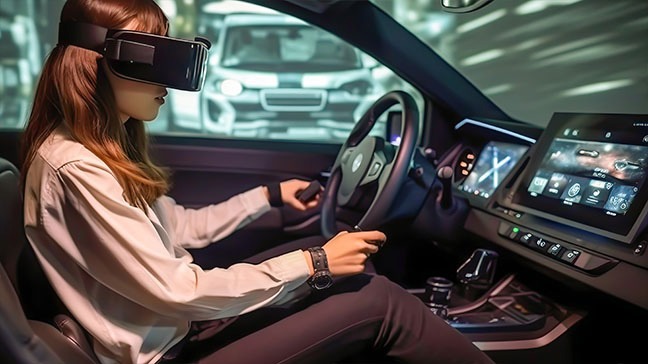 Eine Frau trägt eine VR-Brille und sitzt in einem Auto vor einem modernen Armaturenbrett.